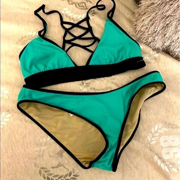 Fabletics medium teal/black colorblock lace up bikini bathingsuit swimsuit bahan - Picture 1 of 1